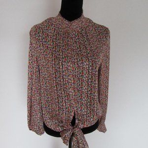 Maison d' Amelia Tie Front Blouse-Multicolor Abstract Print Longsleeve Boho Top
